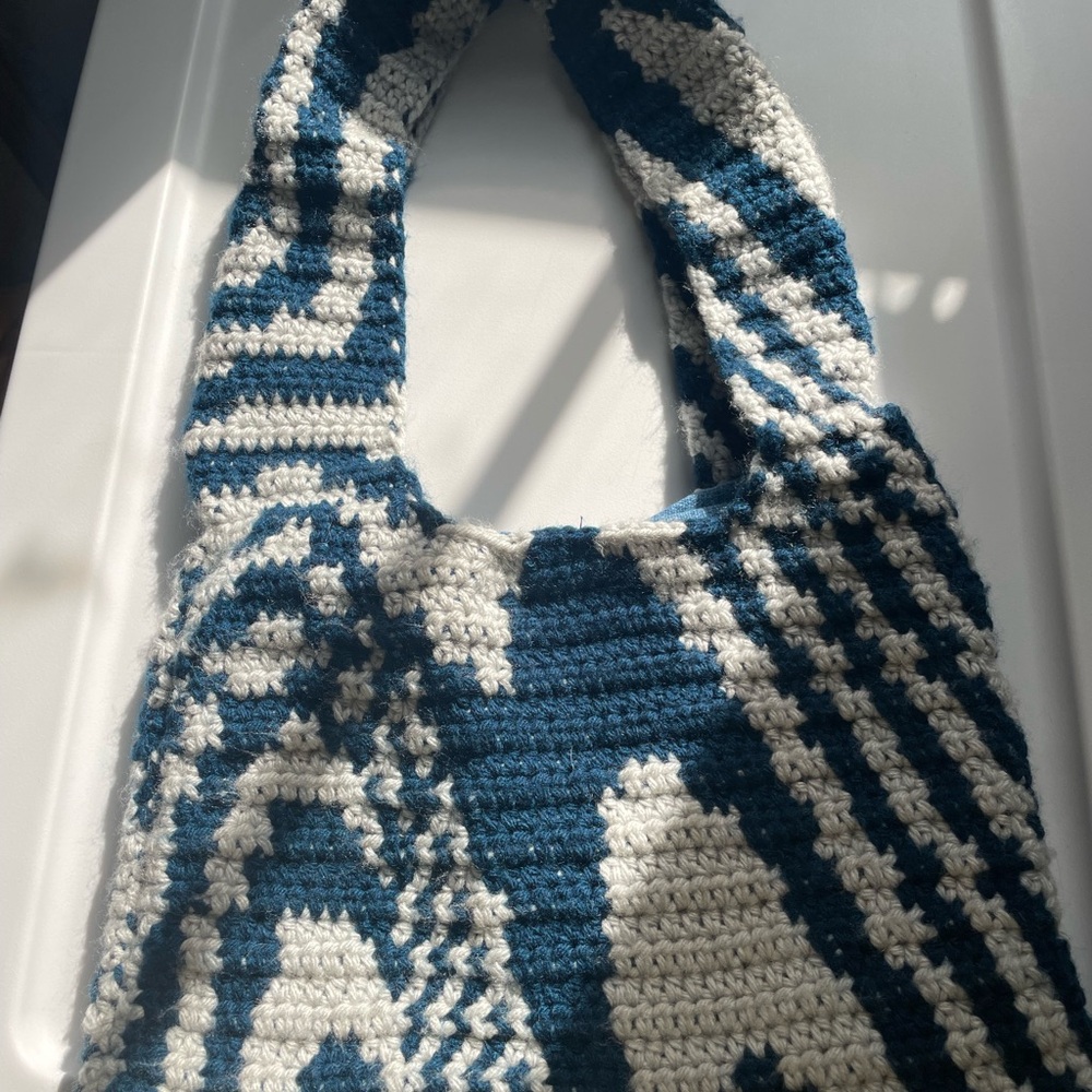 Handcrafted Blue and White Geometric Shoulder Bag